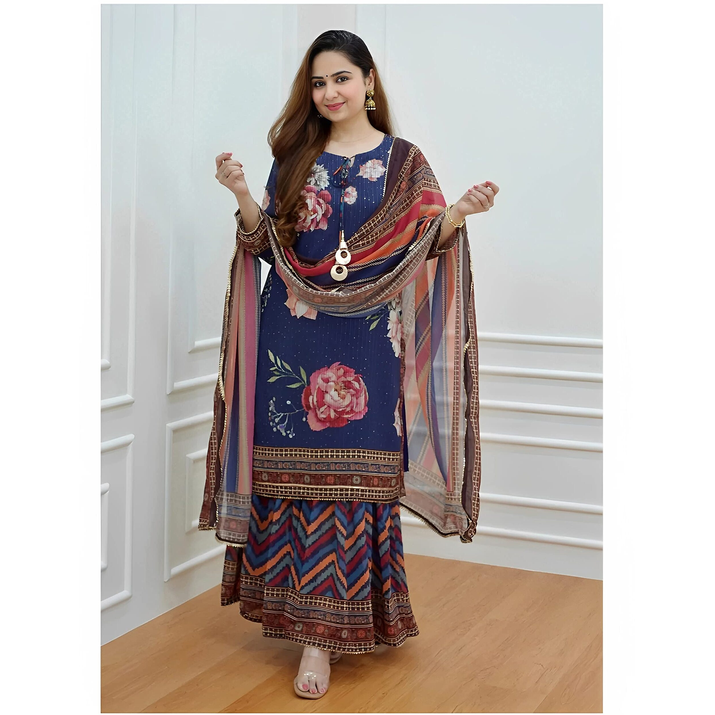 KLOSIA Women Croset Embroidered Printed Kurta and Sharara Set with Dupatta (X-Large) Blue