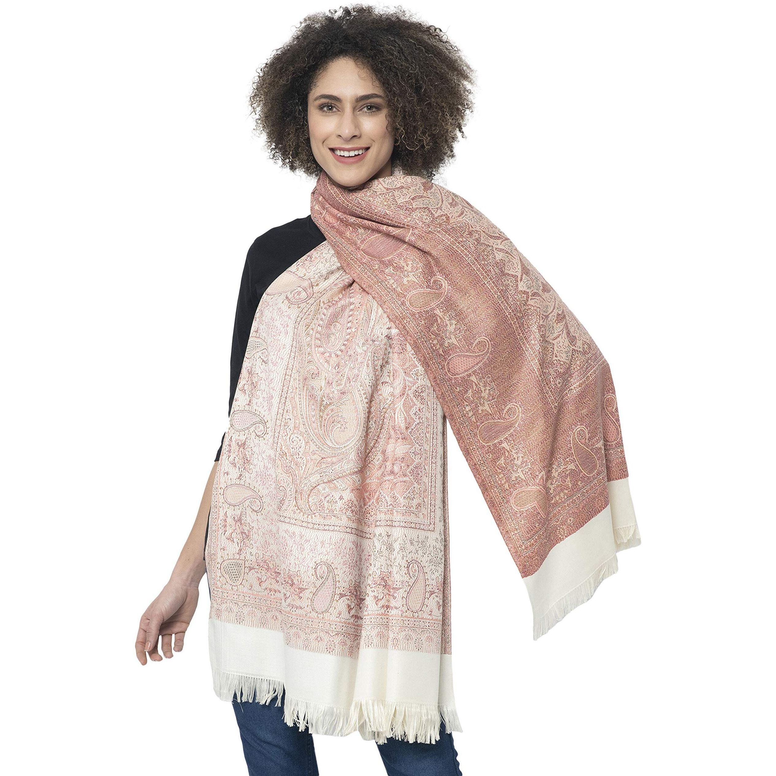 Weavers Villa - Women's Faux Pashmina Silk Paisley Design Shawls, Stoles (White), 100cm X 200cm