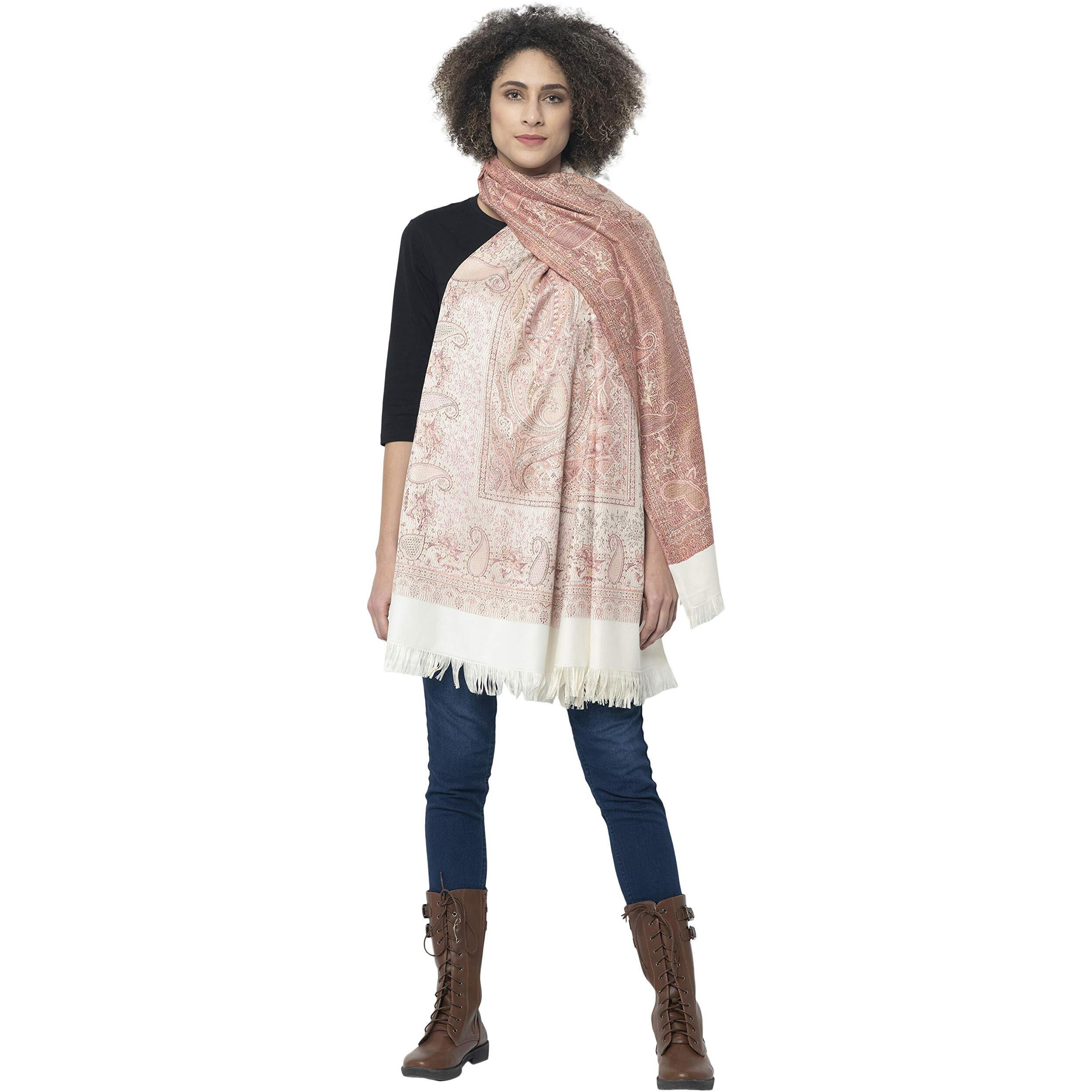 Weavers Villa - Women's Faux Pashmina Silk Paisley Design Shawls, Stoles (White), 100cm X 200cm