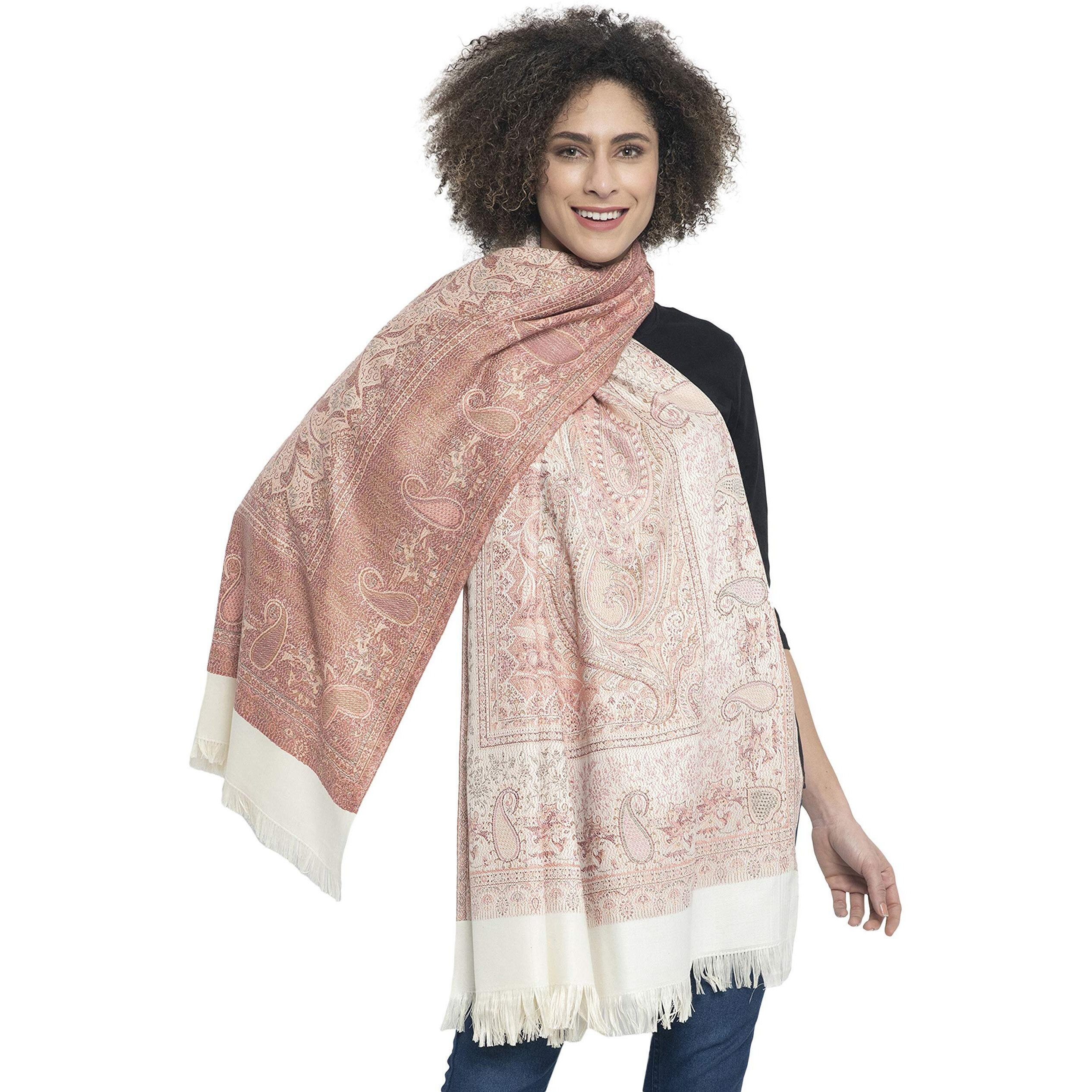 Weavers Villa - Women's Faux Pashmina Silk Paisley Design Shawls, Stoles (White), 100cm X 200cm