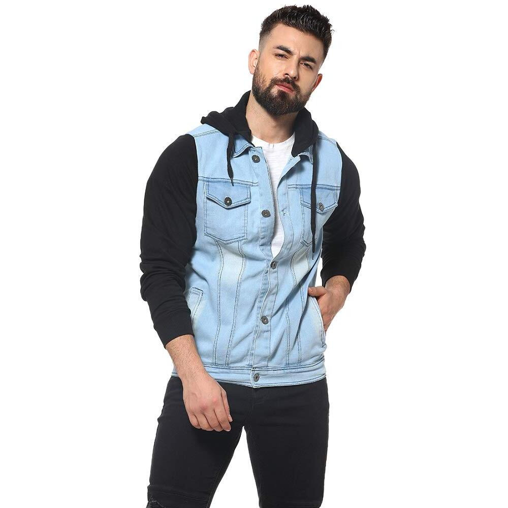 Campus Sutra Men's Cotton Blue & Black Colour-Blocked Denim Jacket with Hoodie | Structured Jacket with Comfort Fit, Regular Full Sleeves and Stretchable Fabric for Casual Wear