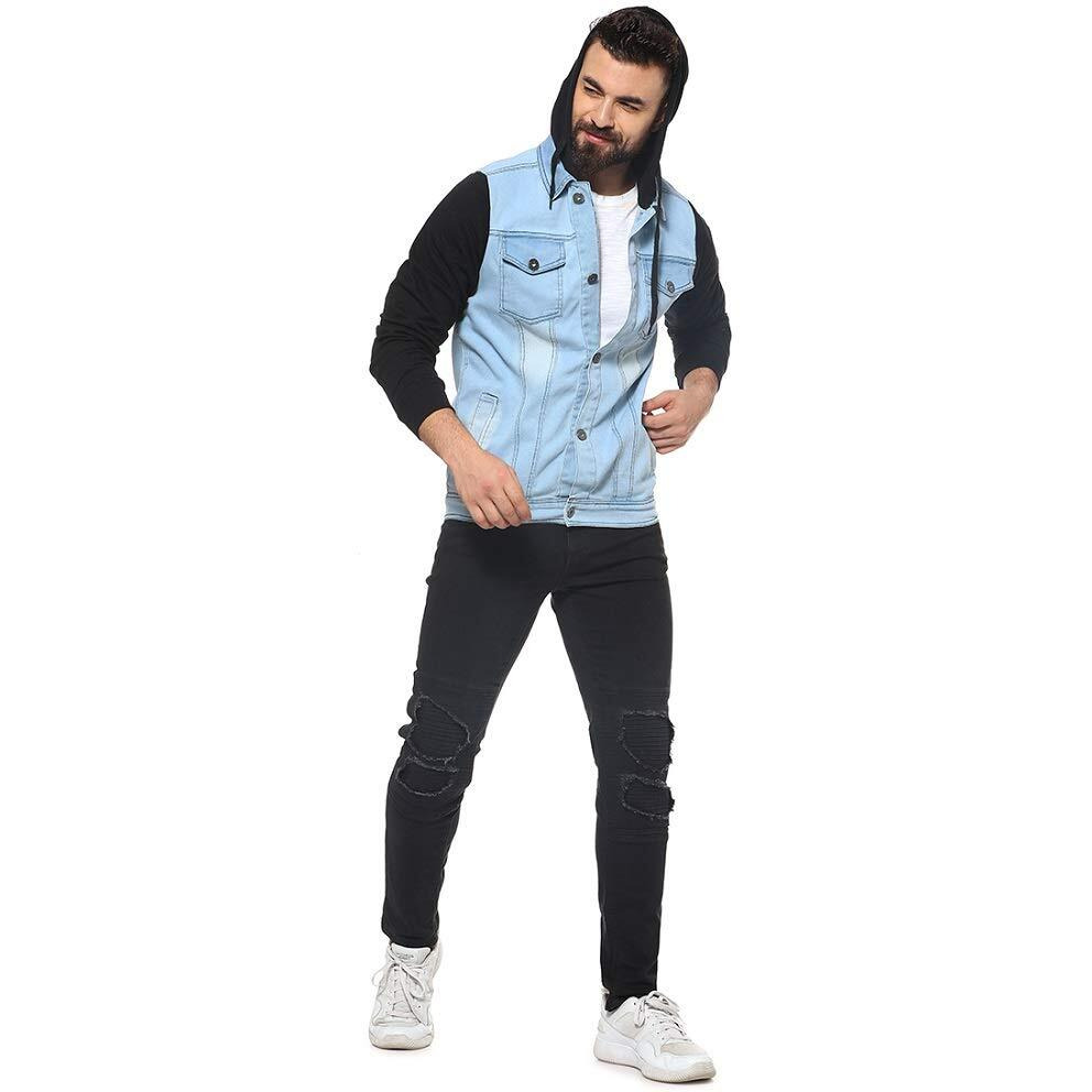 Campus Sutra Men's Cotton Blue & Black Colour-Blocked Denim Jacket with Hoodie | Structured Jacket with Comfort Fit, Regular Full Sleeves and Stretchable Fabric for Casual Wear