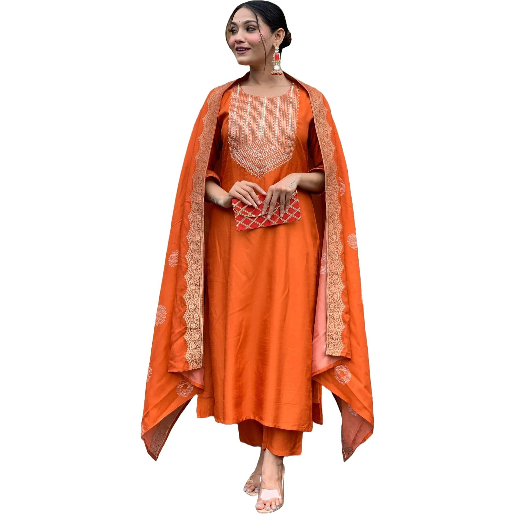 GoSriKi Women's Rayon Blend Embroidered Straight Kurta with Pant & Dupatta (PUNEETA Orange-GS_XL_Orange_X-Large)