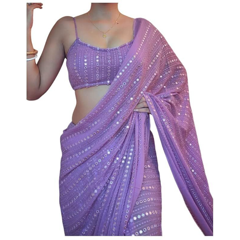 Flosive Women's Thread Sequence Work Georgette Saree With Blouse (LAVENDER)