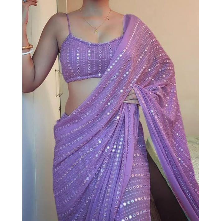 Flosive Women's Thread Sequence Work Georgette Saree With Blouse (LAVENDER)