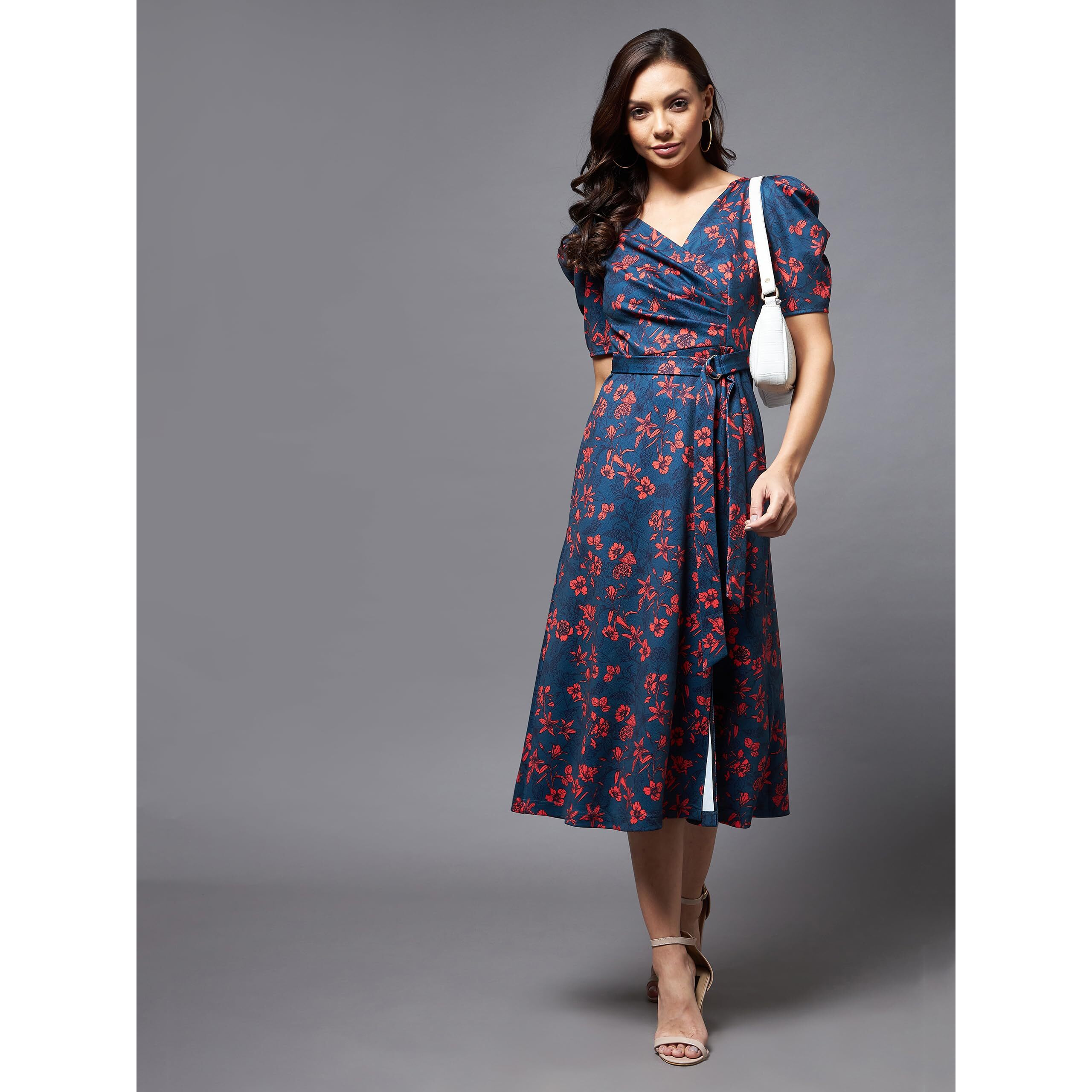 Miss Chase Women's Teal V-Neck Puff Sleeve Floral Wrap Midi Dress (MCAW21D14-84-232-04,Multicolored Base-Teal,M)