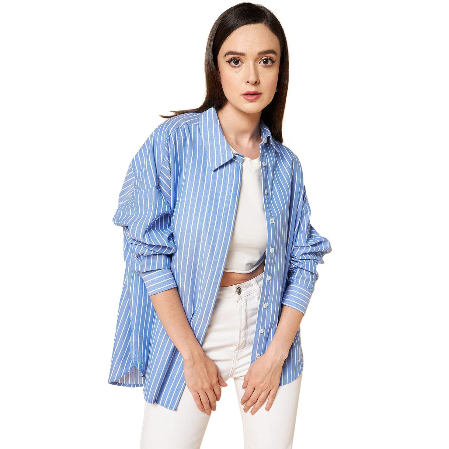 HIGH STAR Women's Oversized Shirts (HSWSHS23010_BL_M_Blue M)