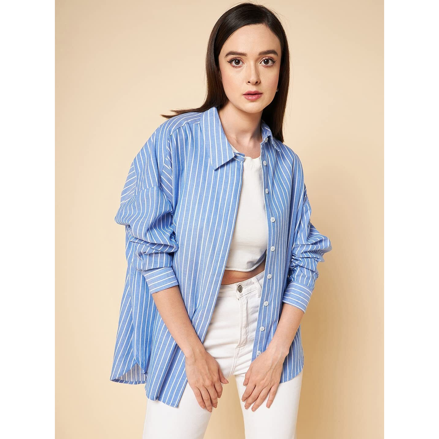 HIGH STAR Women's Oversized Shirts (HSWSHS23010_BL_M_Blue M)