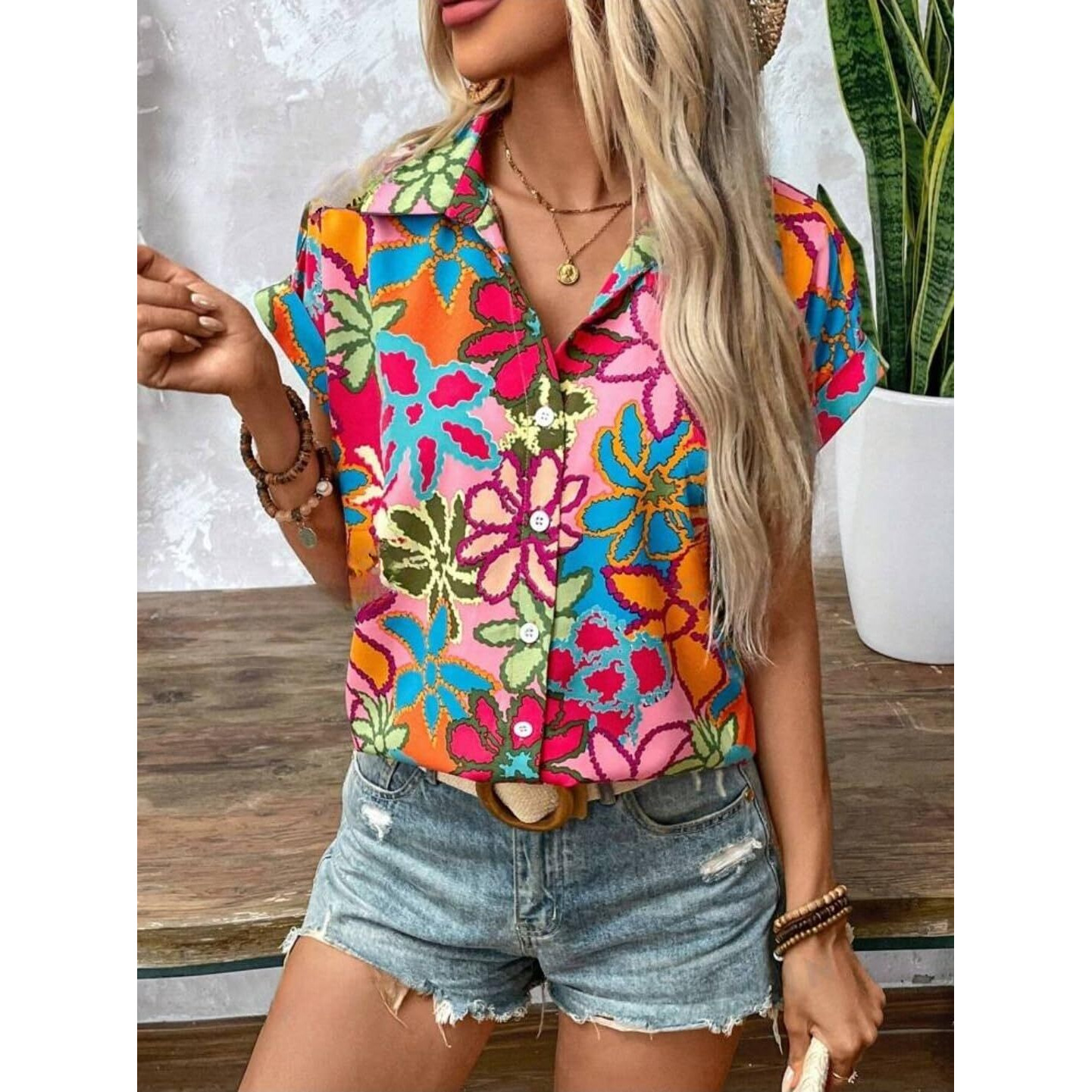 Gufrina Shirt for Women Stylish Western|Shirt Type top|Short Sleeve|Fabric Rayon| Collar Neck |Bright Floral Print|Casual Regular fit (Pink XL)