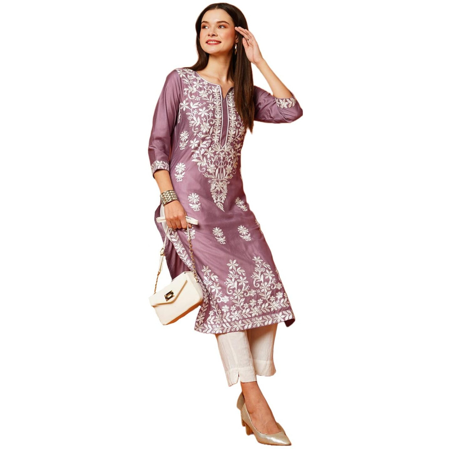 GoSriKi Women's Cotton Blend Straight Chikankari Embroidered Kurta (Chin-Purple-GS_L_Purple_Large)