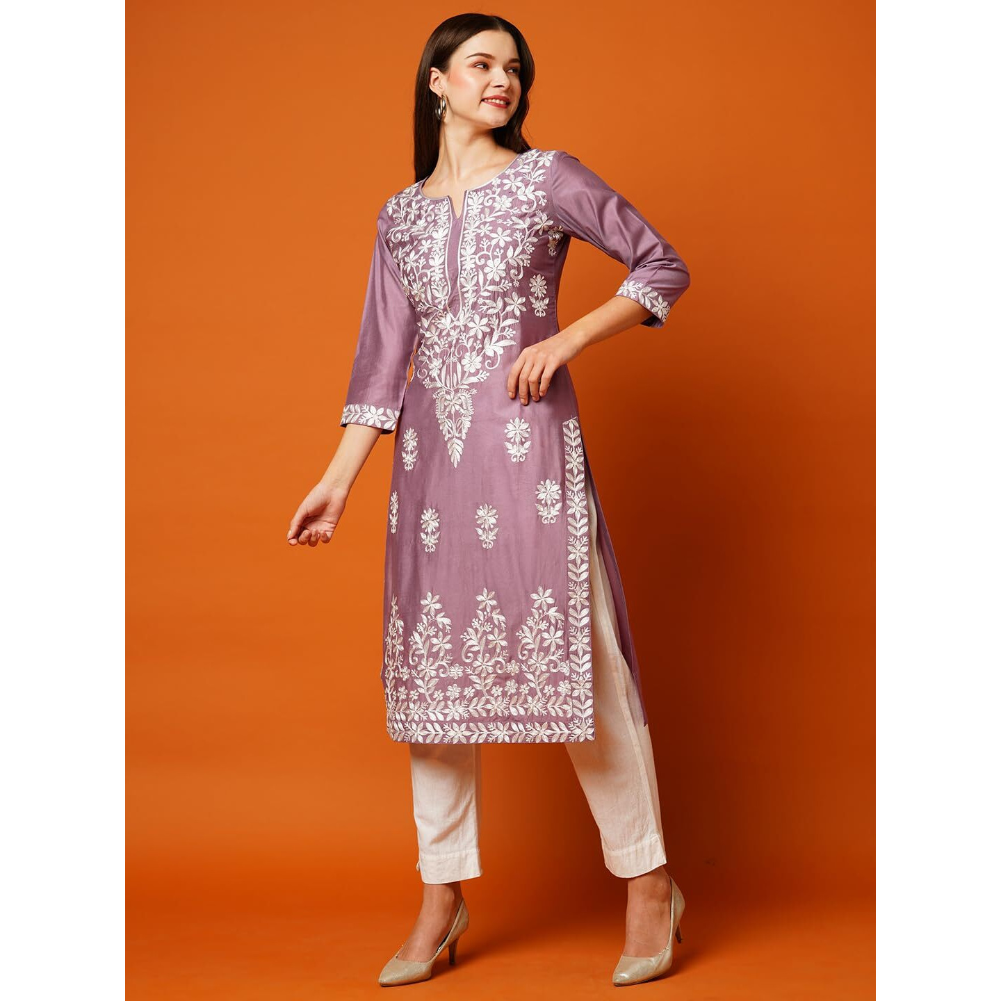 GoSriKi Women's Cotton Blend Straight Chikankari Embroidered Kurta (Chin-Purple-GS_L_Purple_Large)