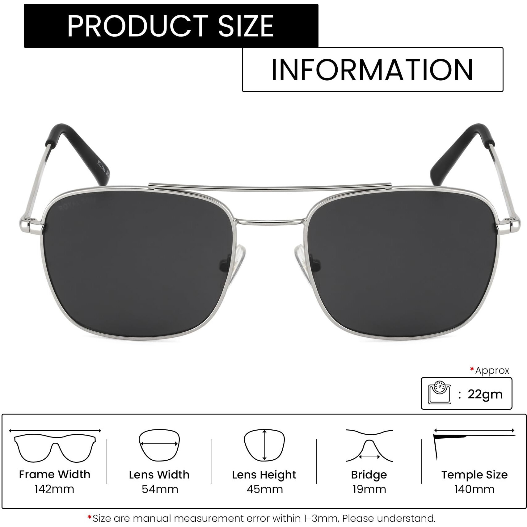 ROYAL SON Black Lens Retro Square Non-Polarization Unisex Sunglasses Goggles For Men Women Boys Girls