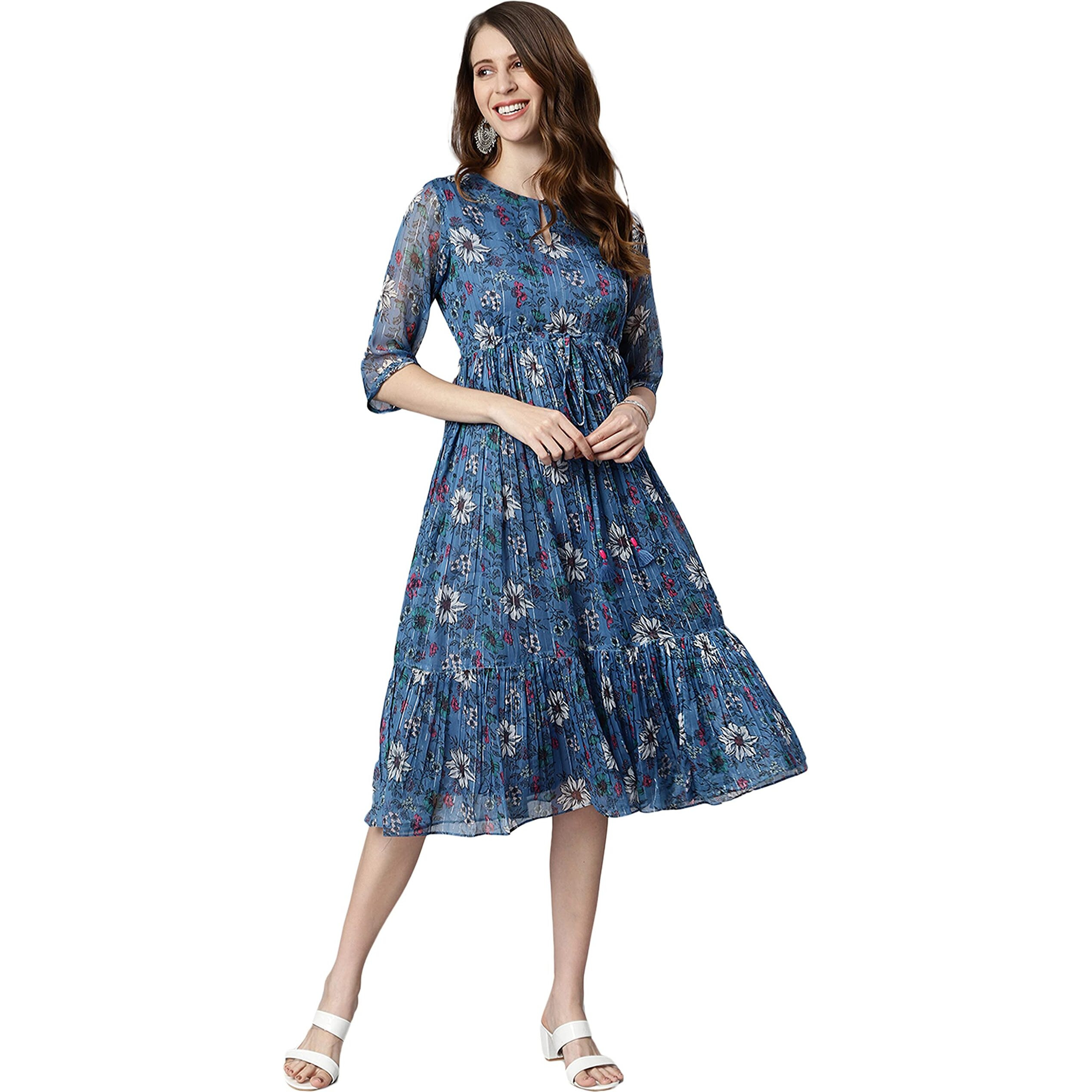 Janasya Women's Blue Poly Georgette Floral Flared Western Dress(J0341-DR-L)