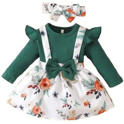 Niren Enterprise Baby Girl Dresses, Modal Fabric Frocks with Floral Print & Ruffle Sleeve Top for Birthday and Special Occassions, Fancy Dress for Kids (Green Amazon Dungaree, 2-3 Years)