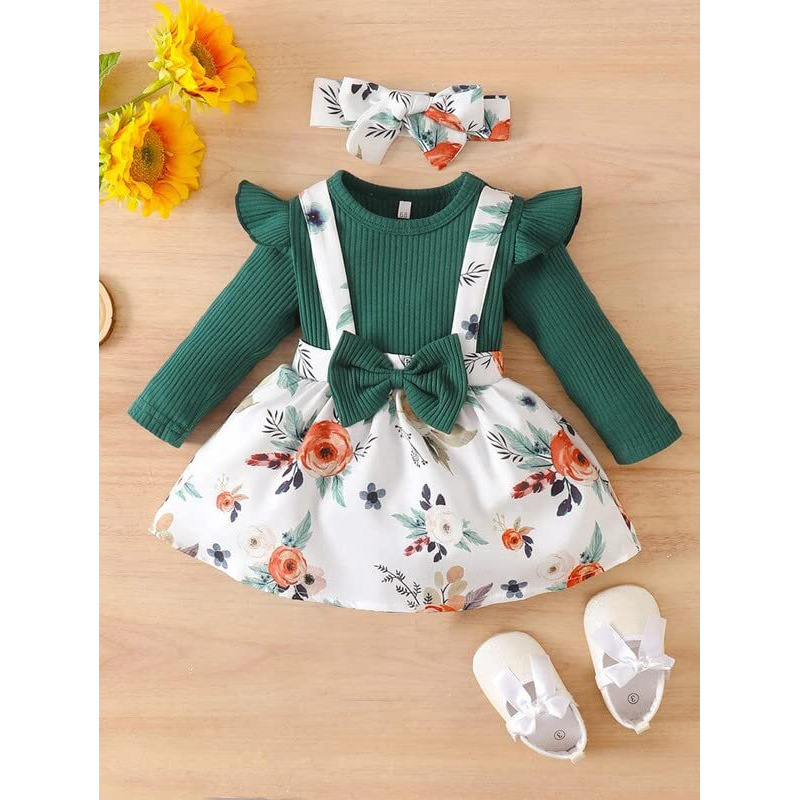 Niren Enterprise Baby Girl Dresses, Modal Fabric Frocks with Floral Print & Ruffle Sleeve Top for Birthday and Special Occassions, Fancy Dress for Kids (Green Amazon Dungaree, 2-3 Years)