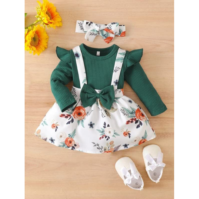 Niren Enterprise Baby Girl Dresses, Modal Fabric Frocks with Floral Print & Ruffle Sleeve Top for Birthday and Special Occassions, Fancy Dress for Kids (Green Amazon Dungaree, 2-3 Years)