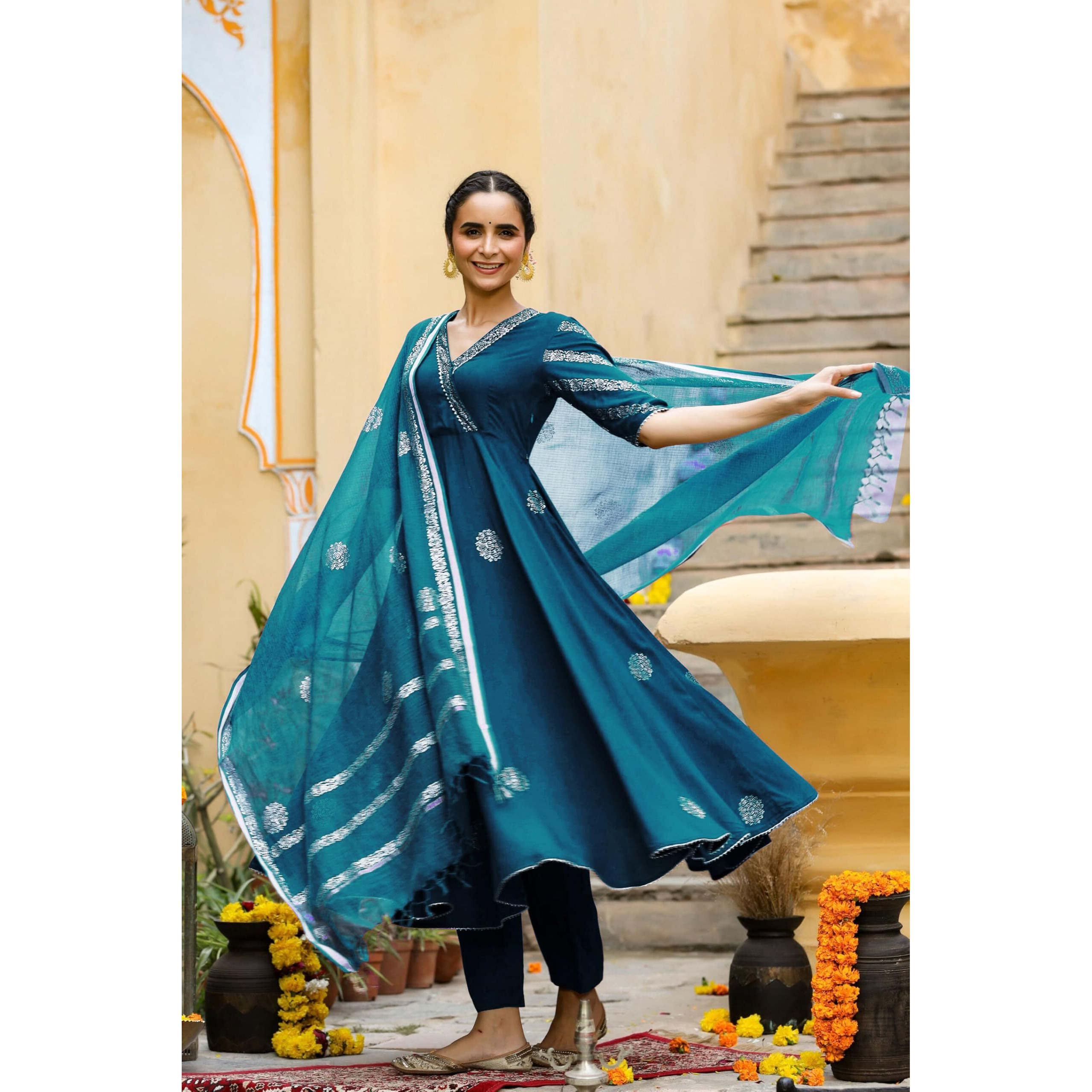 GoSriKi Women's Rayon Blend Anarkali Printed Kurta with Pant & Dupatta (Berlin KEROSIN-GS_L_Dark Blue_Large)