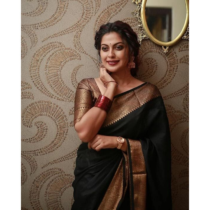 C J Enterprise Women's Pure Soft Kanjivaram Silk Saree for Wedding Kanchipuram Pattu Sarees Banarasi Cotton Latest Sari With Blouse Piece Design Wear ladies new sadi Party 2024 (Yatri-51) (Black)