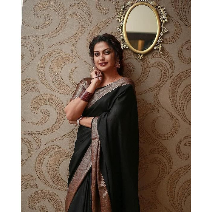 C J Enterprise Women's Pure Soft Kanjivaram Silk Saree for Wedding Kanchipuram Pattu Sarees Banarasi Cotton Latest Sari With Blouse Piece Design Wear ladies new sadi Party 2024 (Yatri-51) (Black)