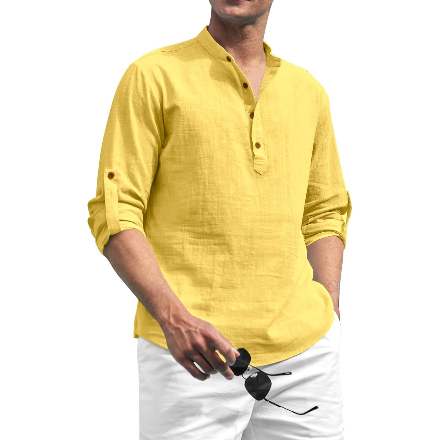 Zombom Cotton Blend Solid Casual Regular Fit Mandarin/Chinese Collor Short Kurta for Men Yellow