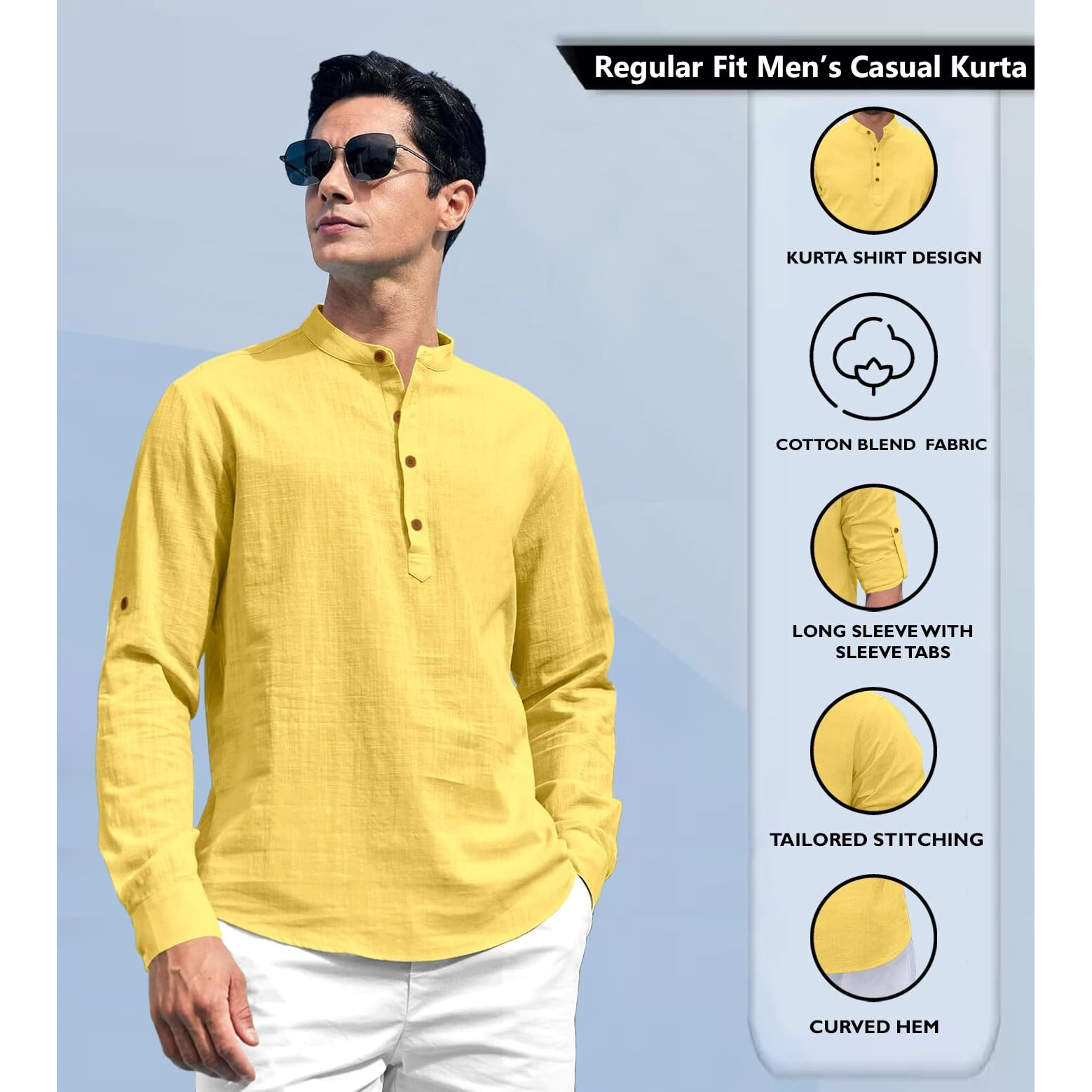 Zombom Cotton Blend Solid Casual Regular Fit Mandarin/Chinese Collor Short Kurta for Men Yellow