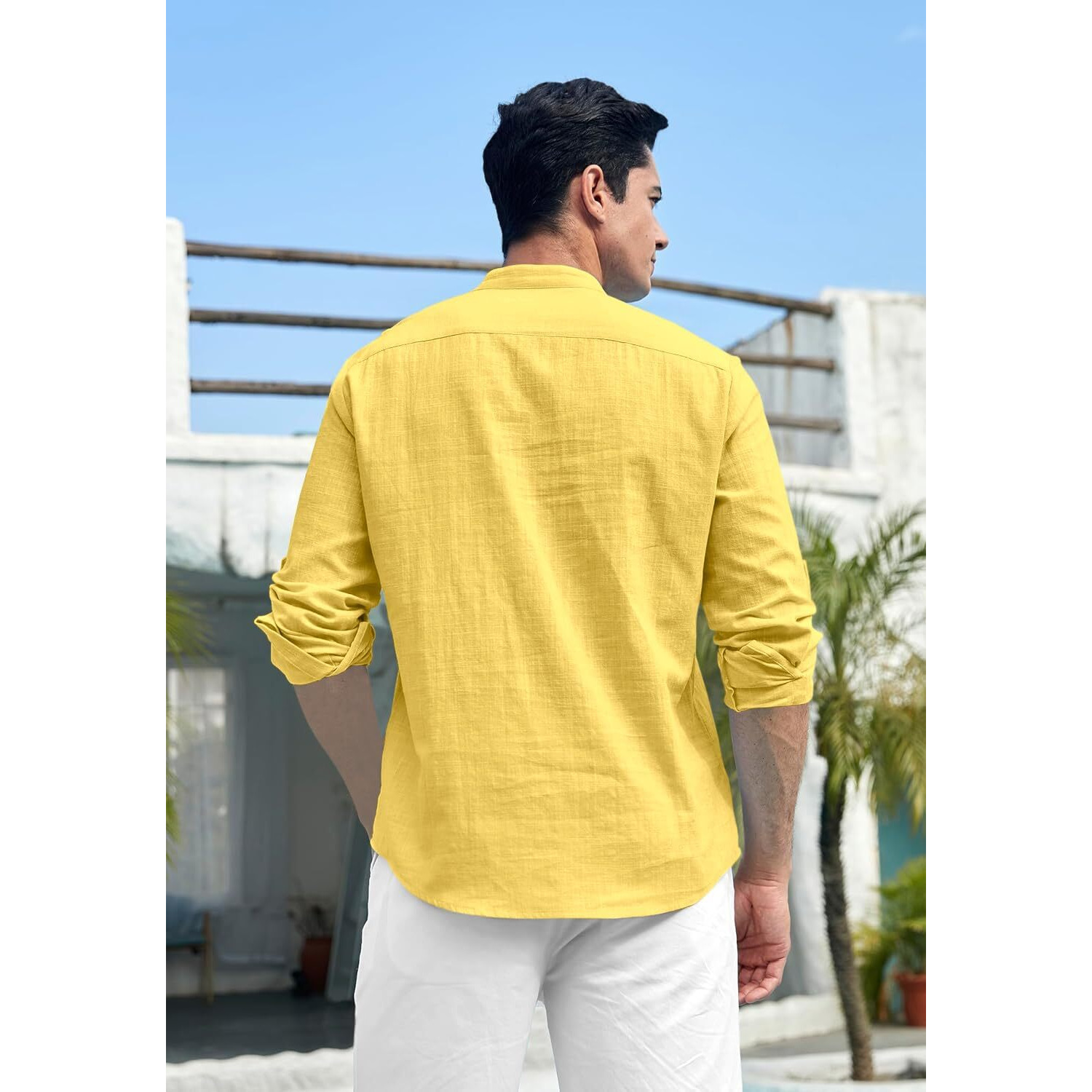 Zombom Cotton Blend Solid Casual Regular Fit Mandarin/Chinese Collor Short Kurta for Men Yellow