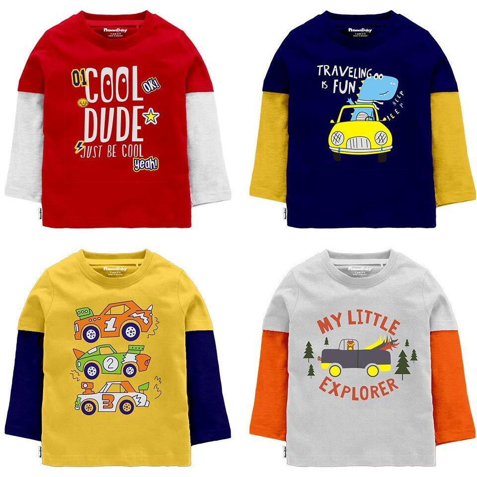 NammaBaby Boys' T-Shirt Cotton Double Sleeves T-Shirt Tees (Pack of 4) (7-8 Years, Multicolor)