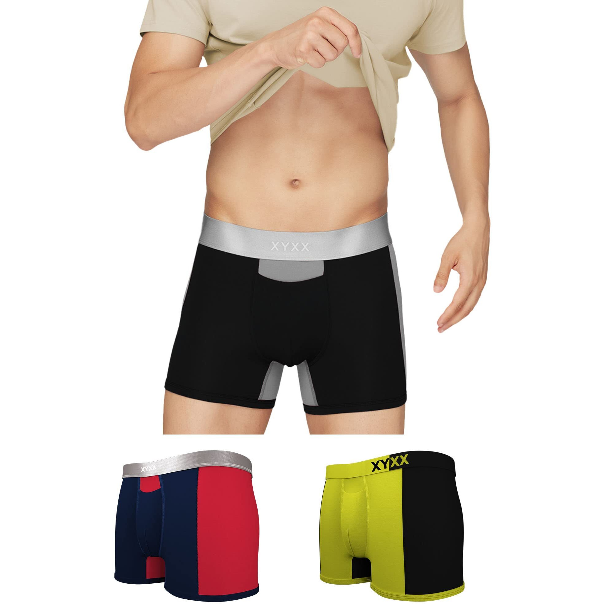 XYXX Men's Underwear Dualist IntelliSoft Antimicrobial Micro Modal Trunk Pack of 3 (Black & Steel Grey  Black Iris & Tango Red  Lime Punch & Black L)