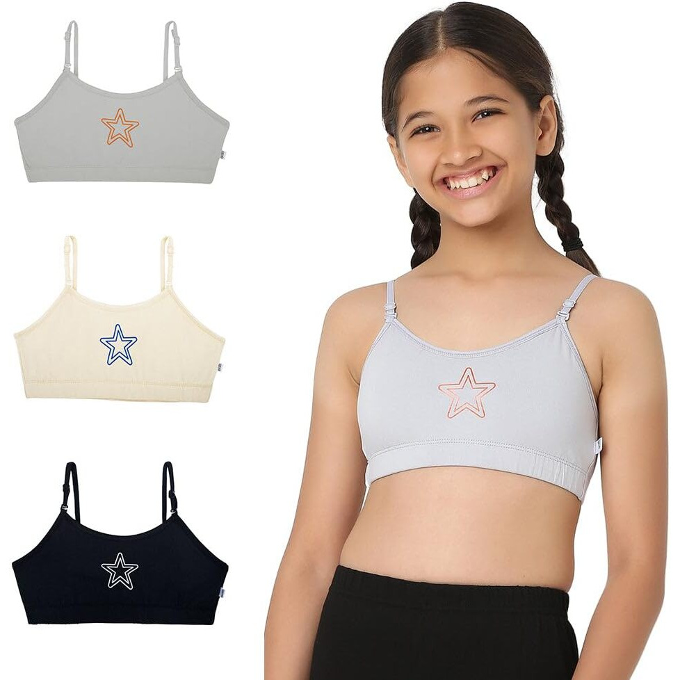 YouGotPlanB Training Bra | Starry Design | Cotton Blend | Non-Padded | Wire Free | Adjustable Straps | Beginners Bra for Girls | 12-14 Years | Combo Pack of 3