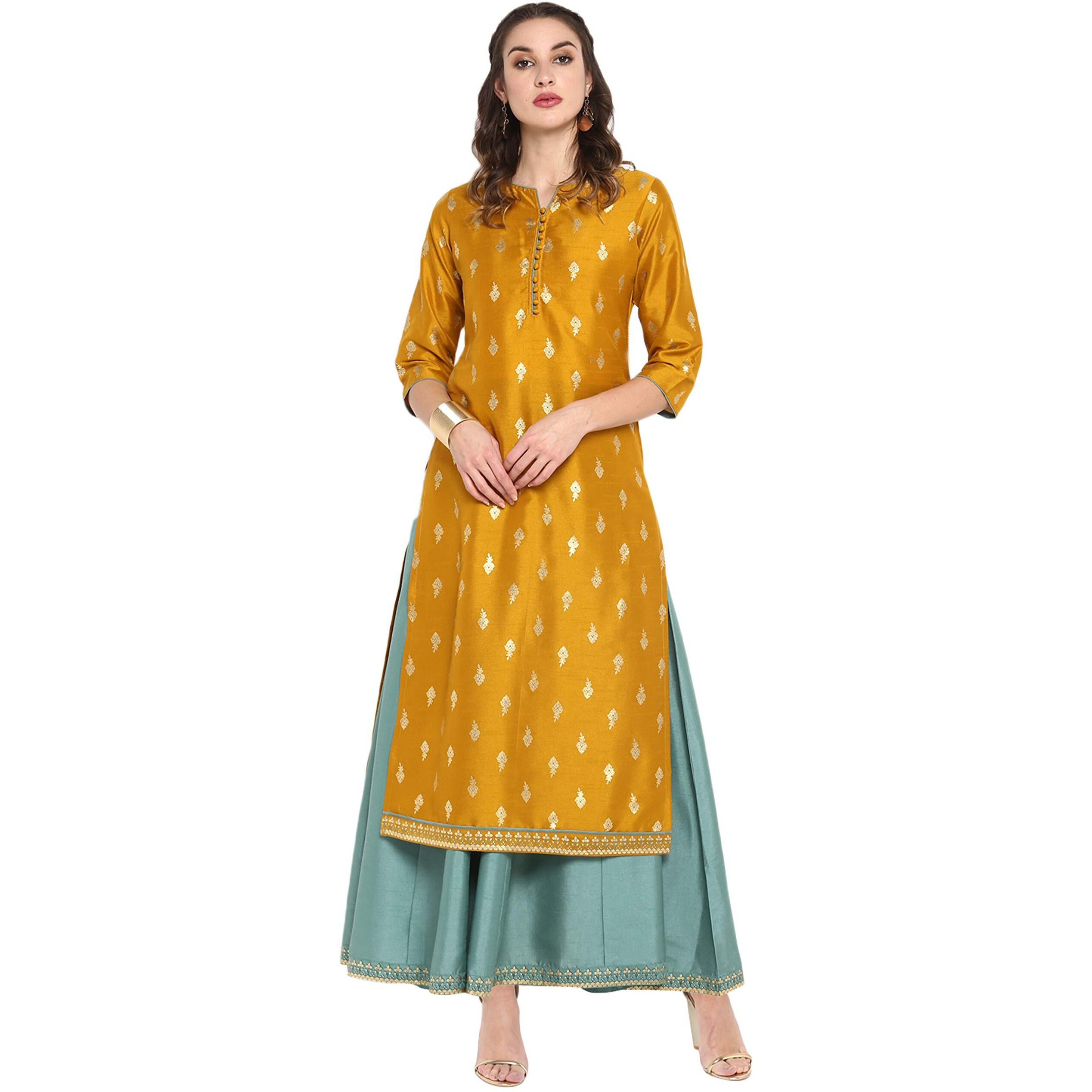 Janasya Women's Mustard Silk Blend Gold Print Anarkali Ethnic Dress (J0006-SET-L)