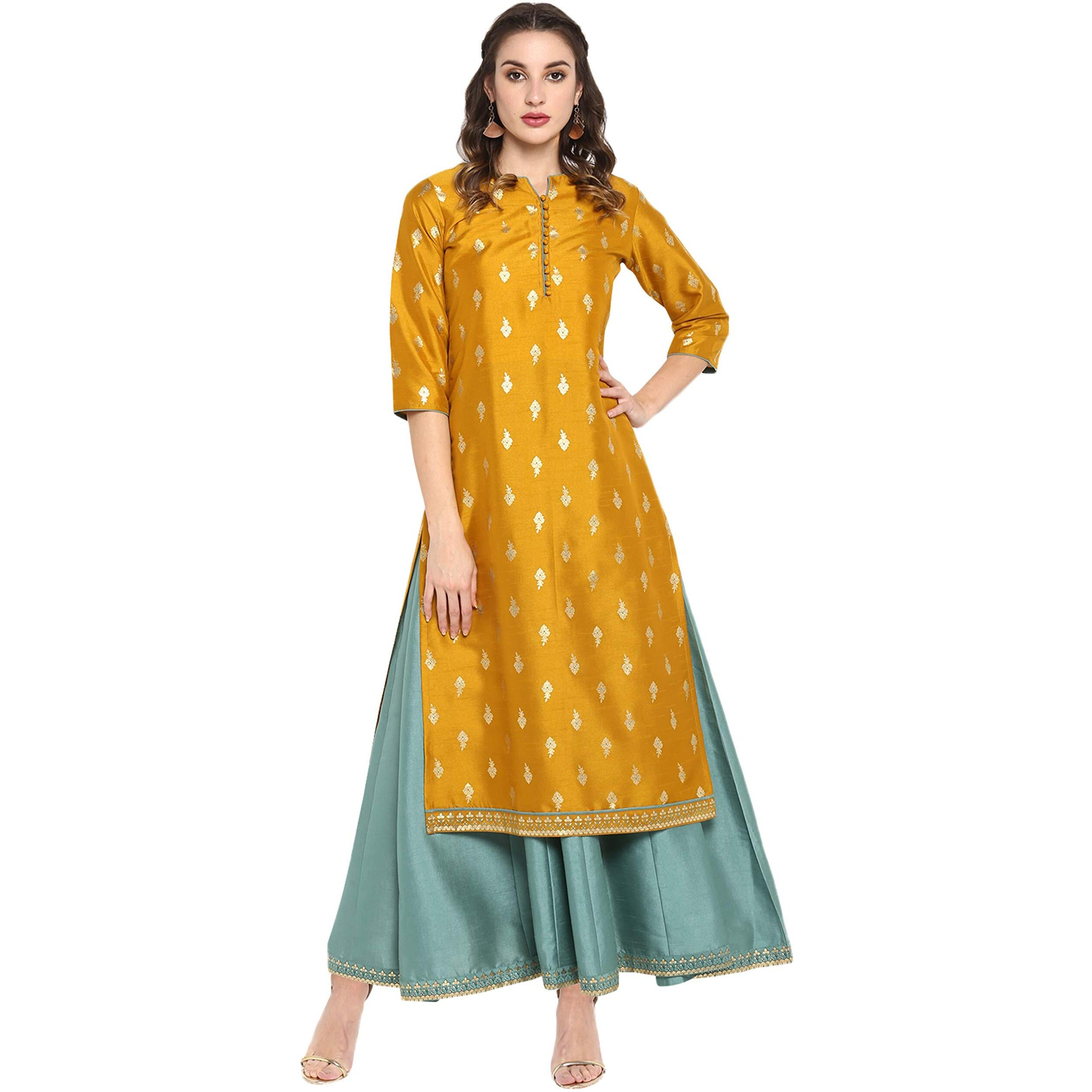 Janasya Women's Mustard Silk Blend Gold Print Anarkali Ethnic Dress (J0006-SET-L)