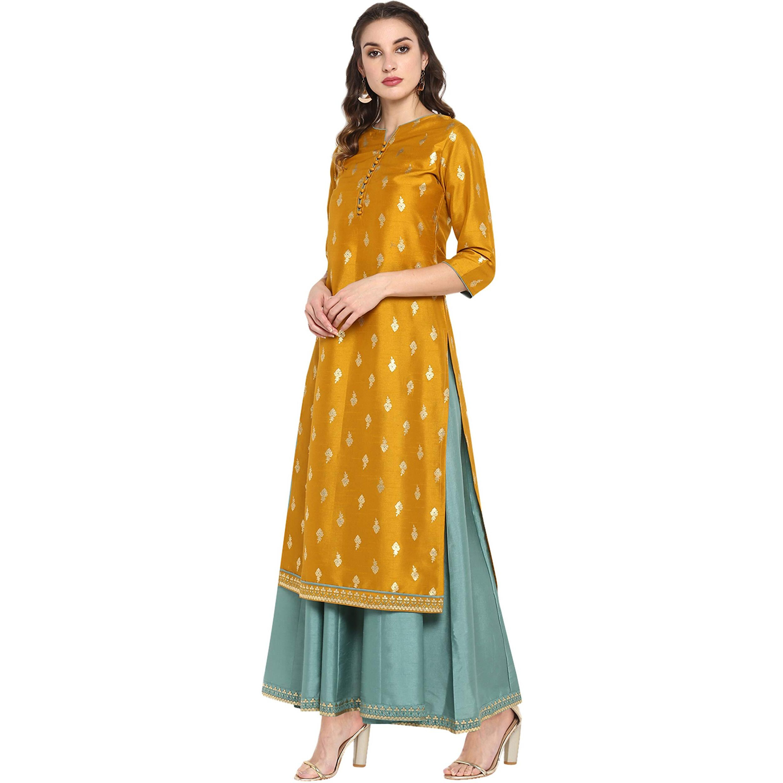 Janasya Women's Mustard Silk Blend Gold Print Anarkali Ethnic Dress (J0006-SET-L)