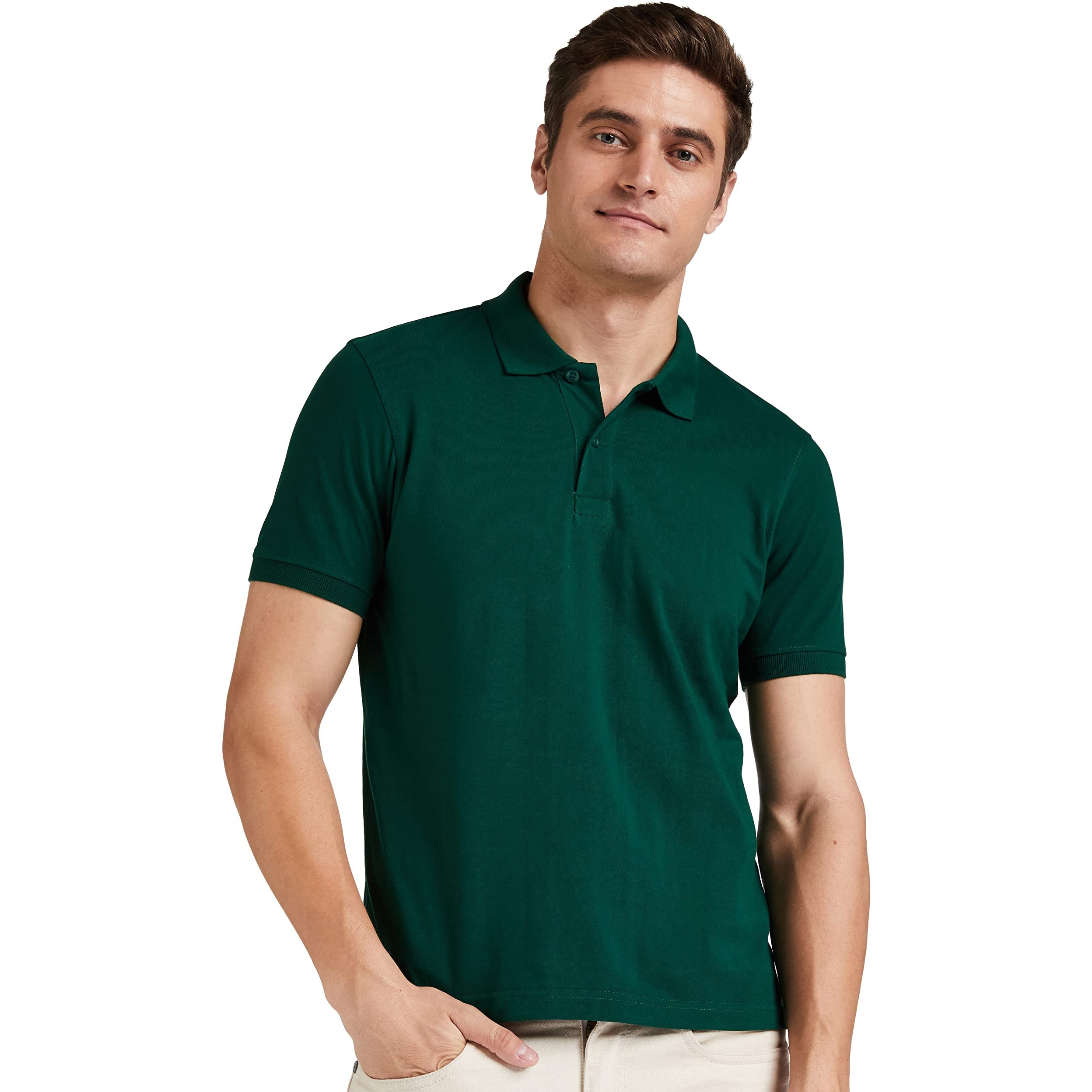 Amazon Brand - Symbol Men's Solid Cotton Rich Polo T Shirt | Collar Tshirts | Half Sleeves | Plain-Regular Fit (Eden Green_L) (Available in Plus Size)