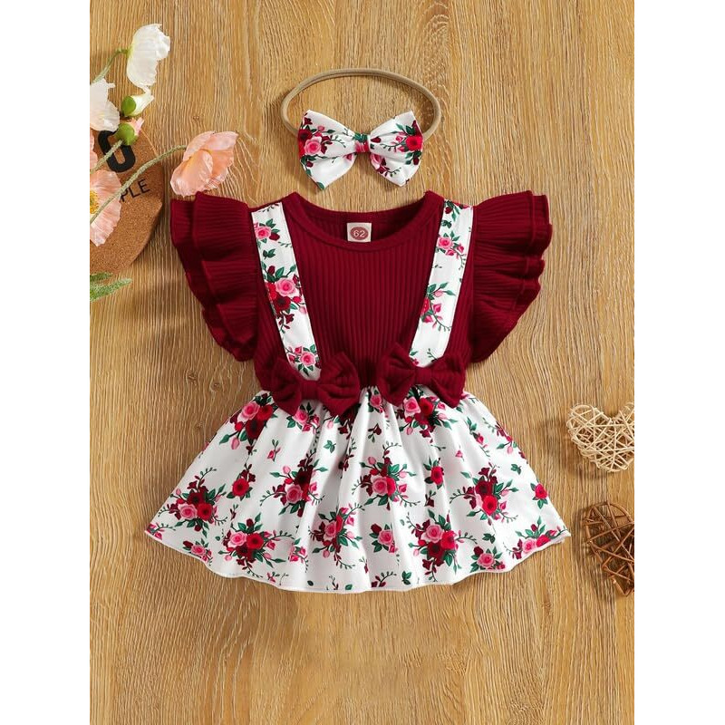 Niren Enterprise Baby Girls Modal Febric Floral Printed Stratchable Maroon Dungaree Frock (FIREFINCH Frock, 1-2 Years) Maroon