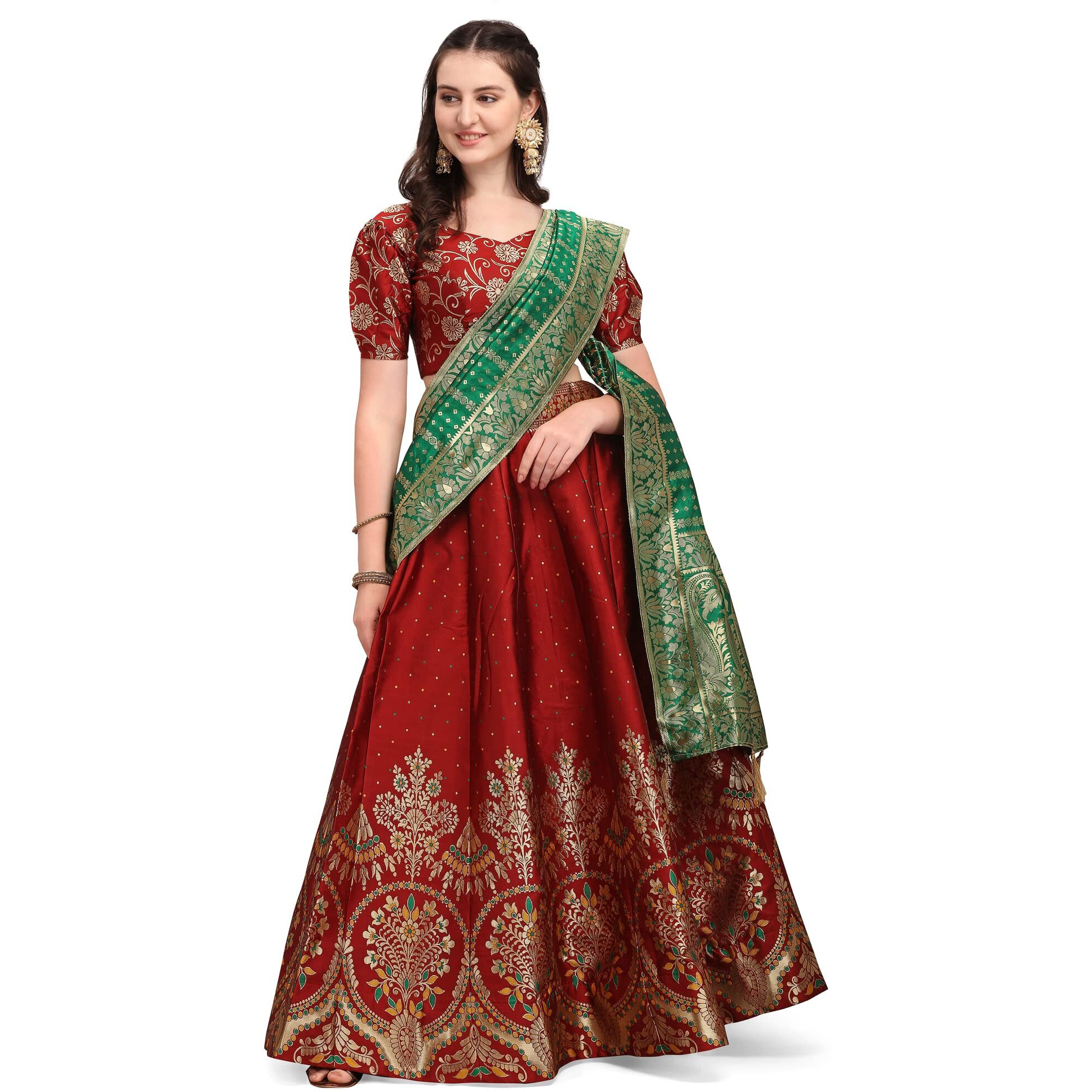 PURVAJA Women's Jacquard Semi-Stitched Lehenga choli (Arambh-Maroon_Maroon_Free Size)