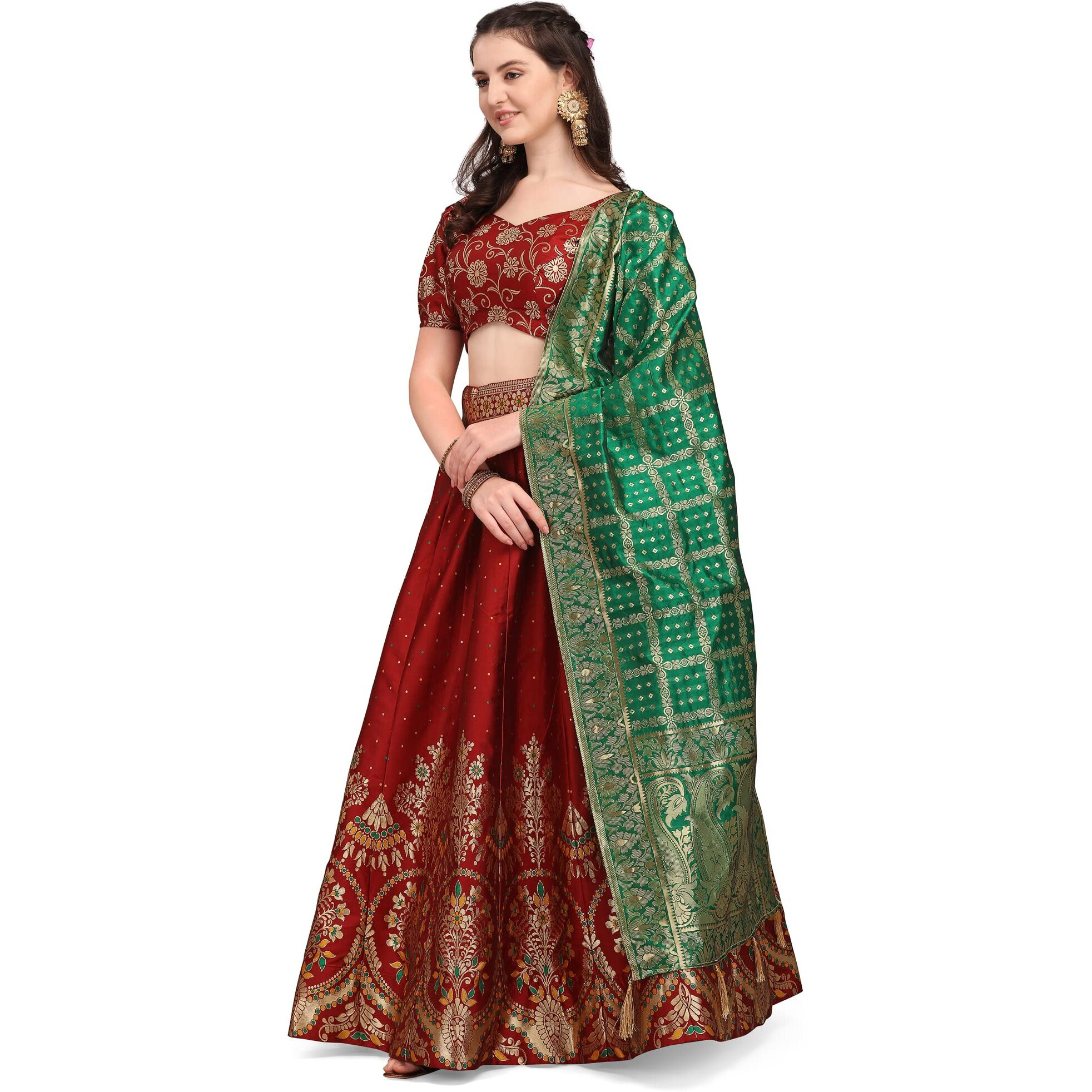 PURVAJA Women's Jacquard Semi-Stitched Lehenga choli (Arambh-Maroon_Maroon_Free Size)