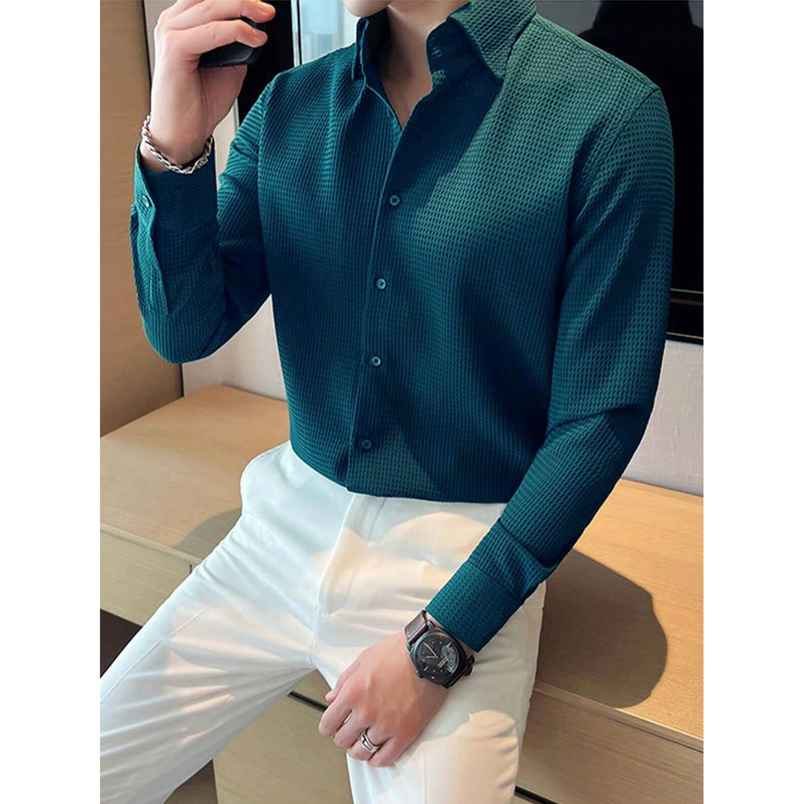 Leriya Fashion Textured Shirts for Men || Casual Shirt for Men || Shirt for Men|| Men Stylish Shirt || Men Fancy Shirt || Men Full Sleeve Shirt || Plain Shirts for Men (X-Large, Turquoise)