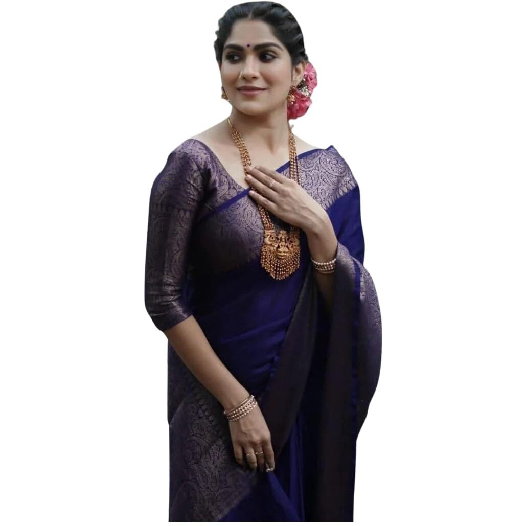 C J Enterprise Women's Pure Soft Kanjivaram Silk Saree for Wedding Kanchipuram Pattu Sarees Banarasi Cotton Latest Sari With Blouse Piece Design Wear ladies new sadi Party 2024 (Yatri-51) (Navy Blue)