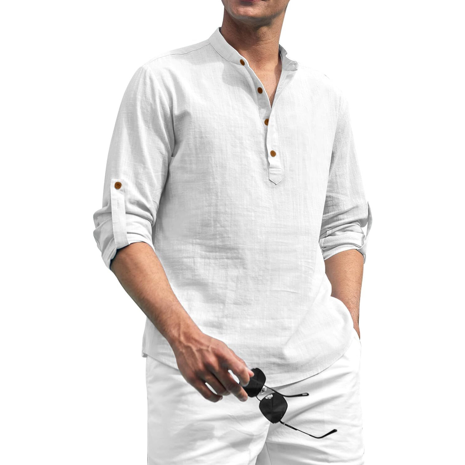 Zombom Cotton Blend Solid Casual Regular Fit Mandarin/Chinese Collor Short Kurta for Men White