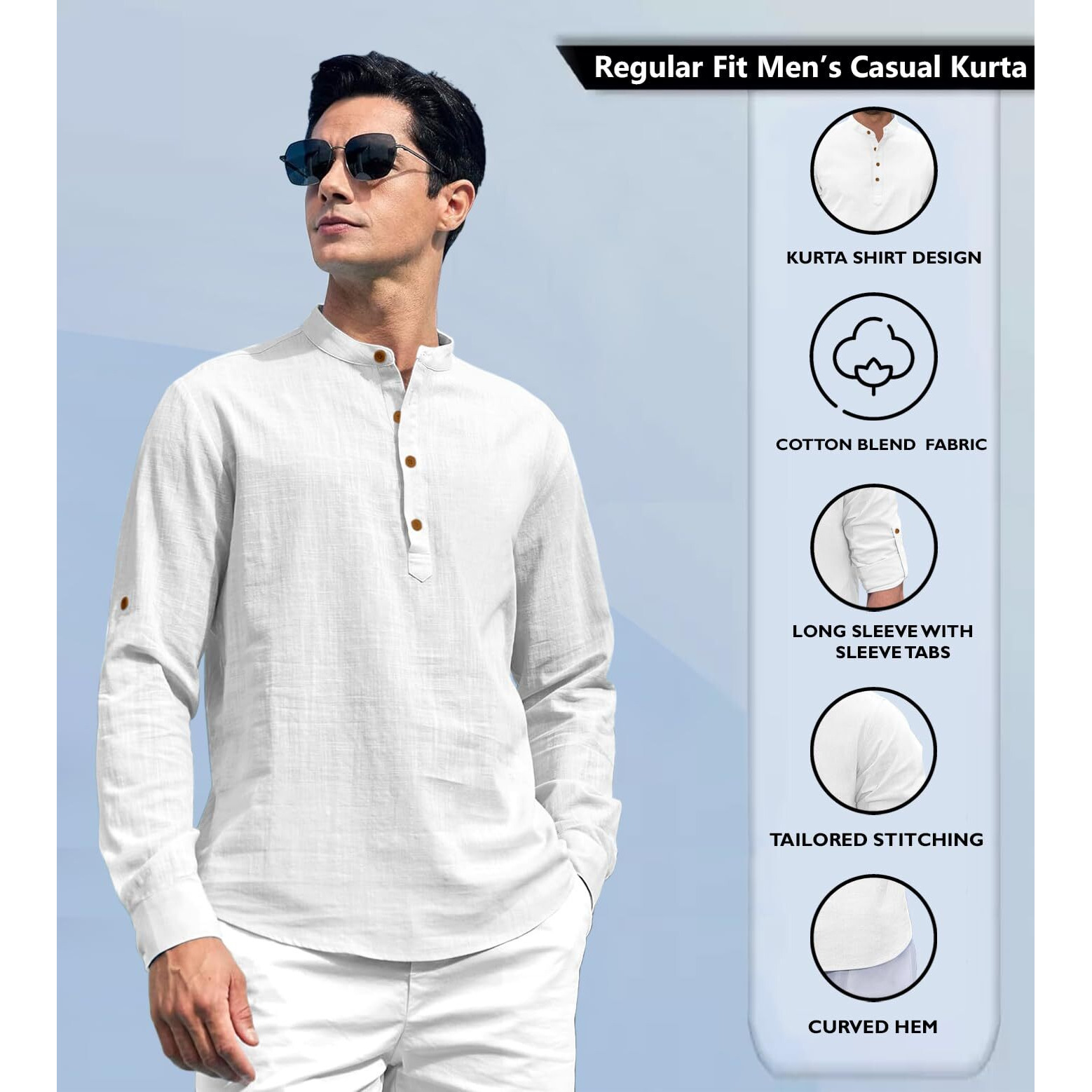 Zombom Cotton Blend Solid Casual Regular Fit Mandarin/Chinese Collor Short Kurta for Men White