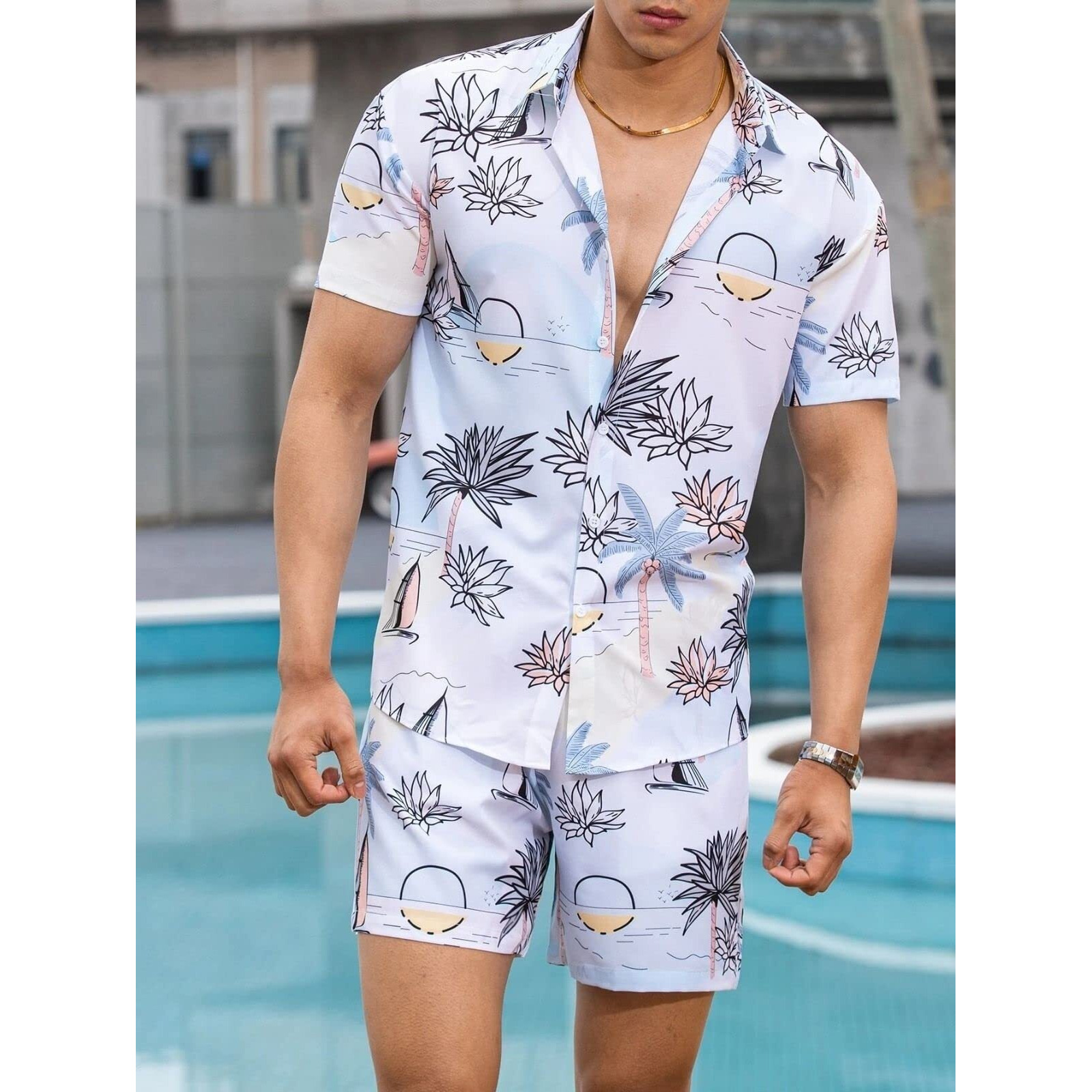 OM SAI LATEST CREATION Men's Night Dress || Multi Printed Rayon Short Night Suit Set || Night Dress for Boys || Men's Pajama Shorts Set || Beach || (Medium, Sky) OSLC-MS-6083&SH193