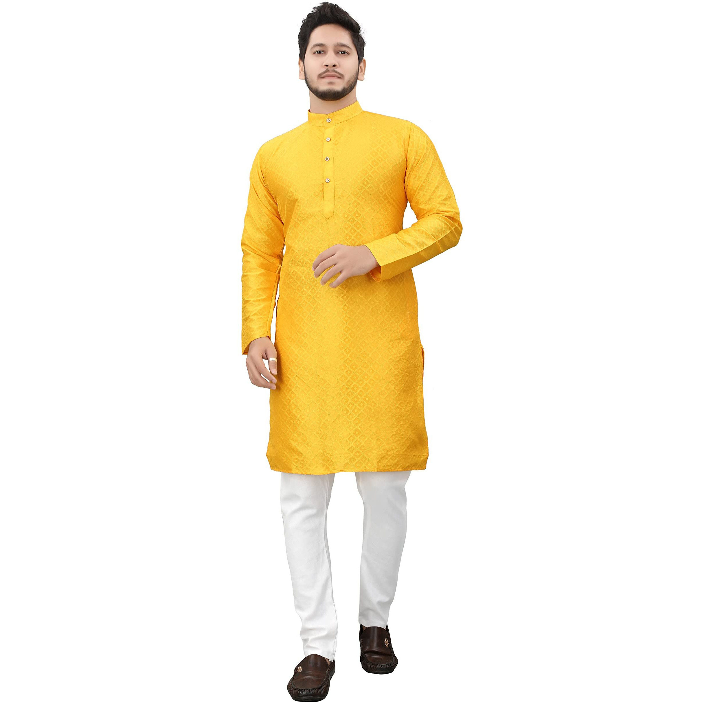More & More Men's Cotton Blend Kurta Yellow, Medium