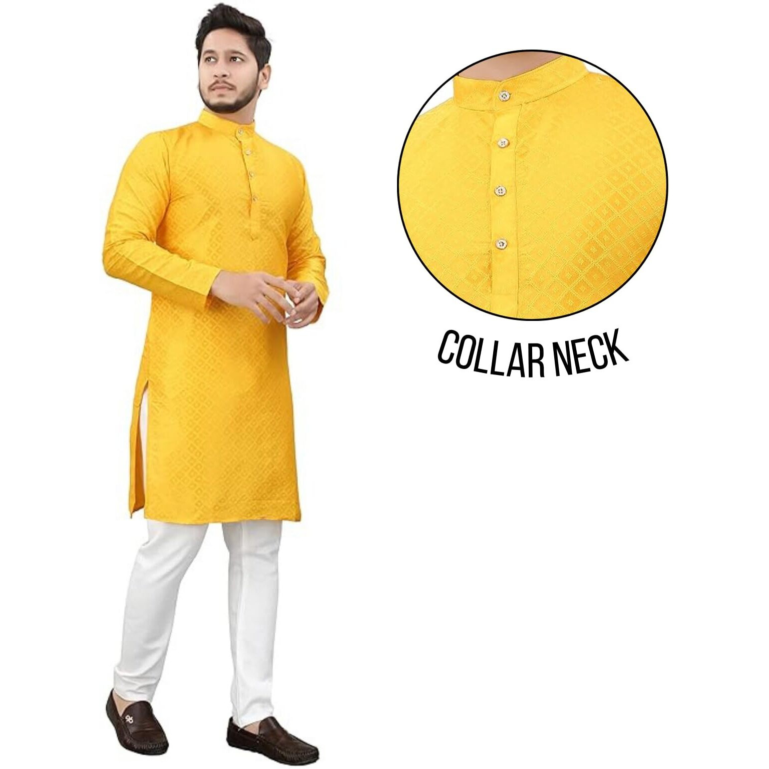 More & More Men's Cotton Blend Kurta Yellow, Medium