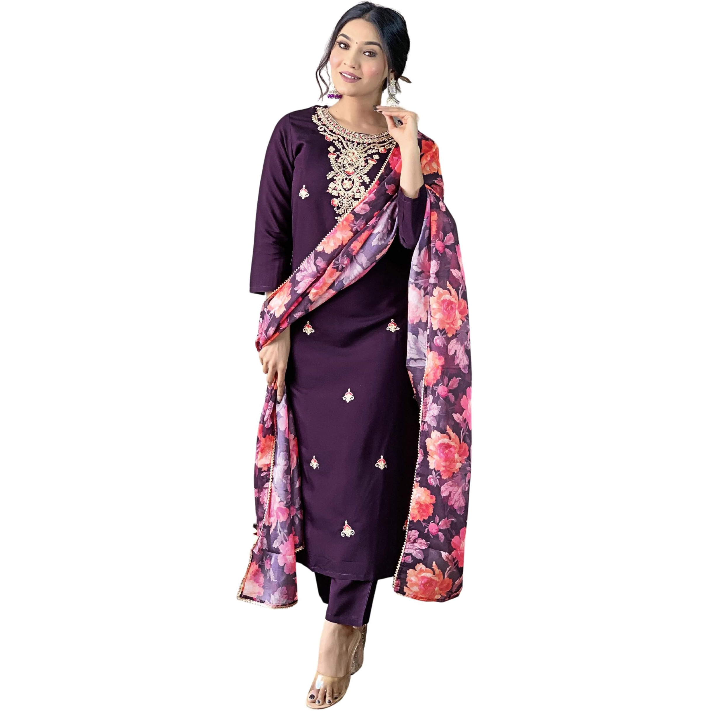 Naixa Women's Wine Rayon Blend Embroidered and Printed Straight Kurta with Rayon Blend Pant and Organza Printed Dupatta Sets (NX-513-Wine-XXL)