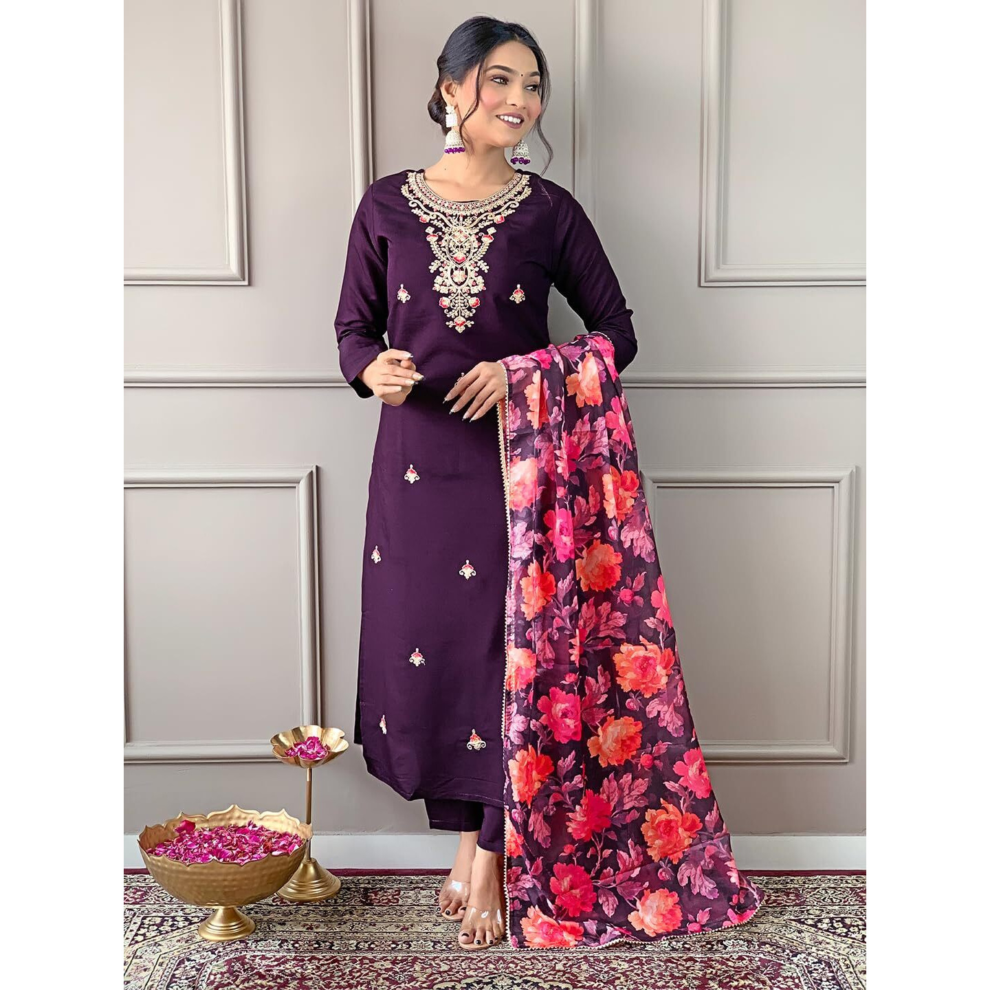 Naixa Women's Wine Rayon Blend Embroidered and Printed Straight Kurta with Rayon Blend Pant and Organza Printed Dupatta Sets (NX-513-Wine-XXL)