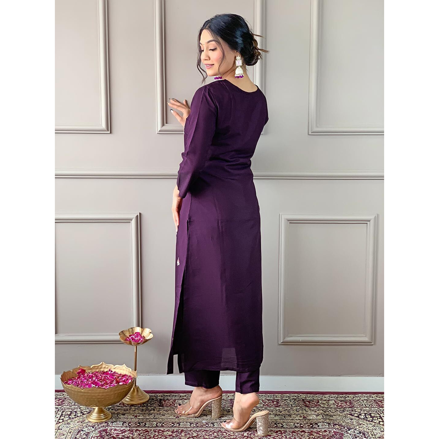Naixa Women's Wine Rayon Blend Embroidered and Printed Straight Kurta with Rayon Blend Pant and Organza Printed Dupatta Sets (NX-513-Wine-XXL)