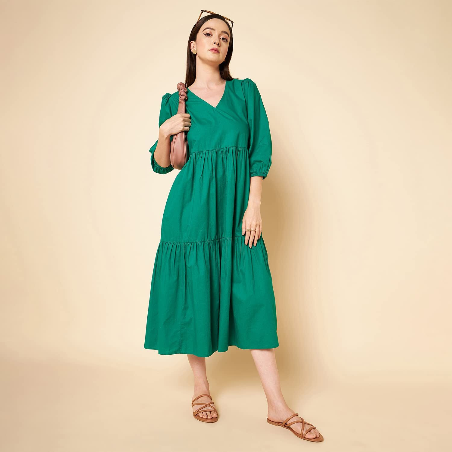 High Star Women's Cotton Pleated Maxi Dresses (HSWDRS23005_GN_Green_L)