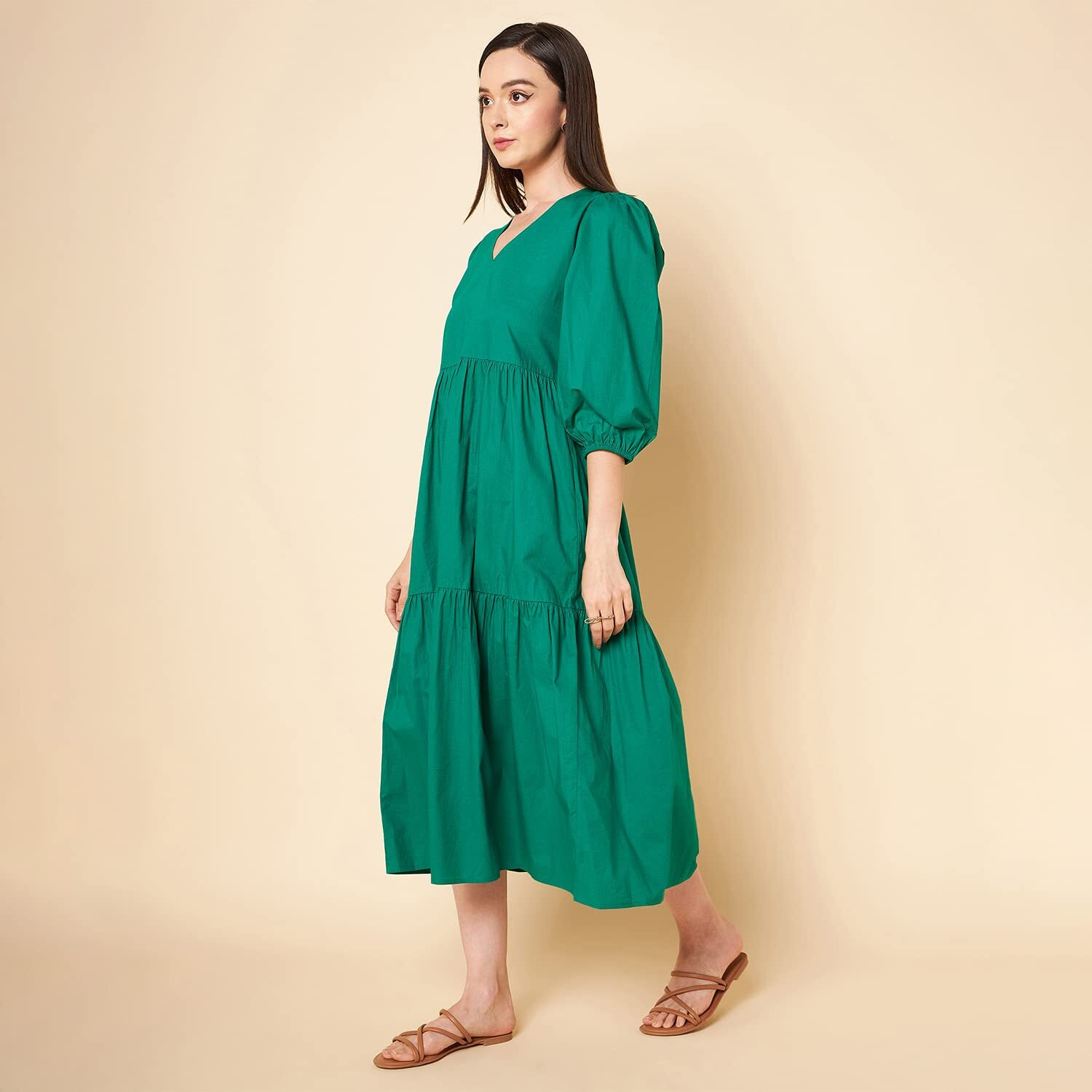 High Star Women's Cotton Pleated Maxi Dresses (HSWDRS23005_GN_Green_L)
