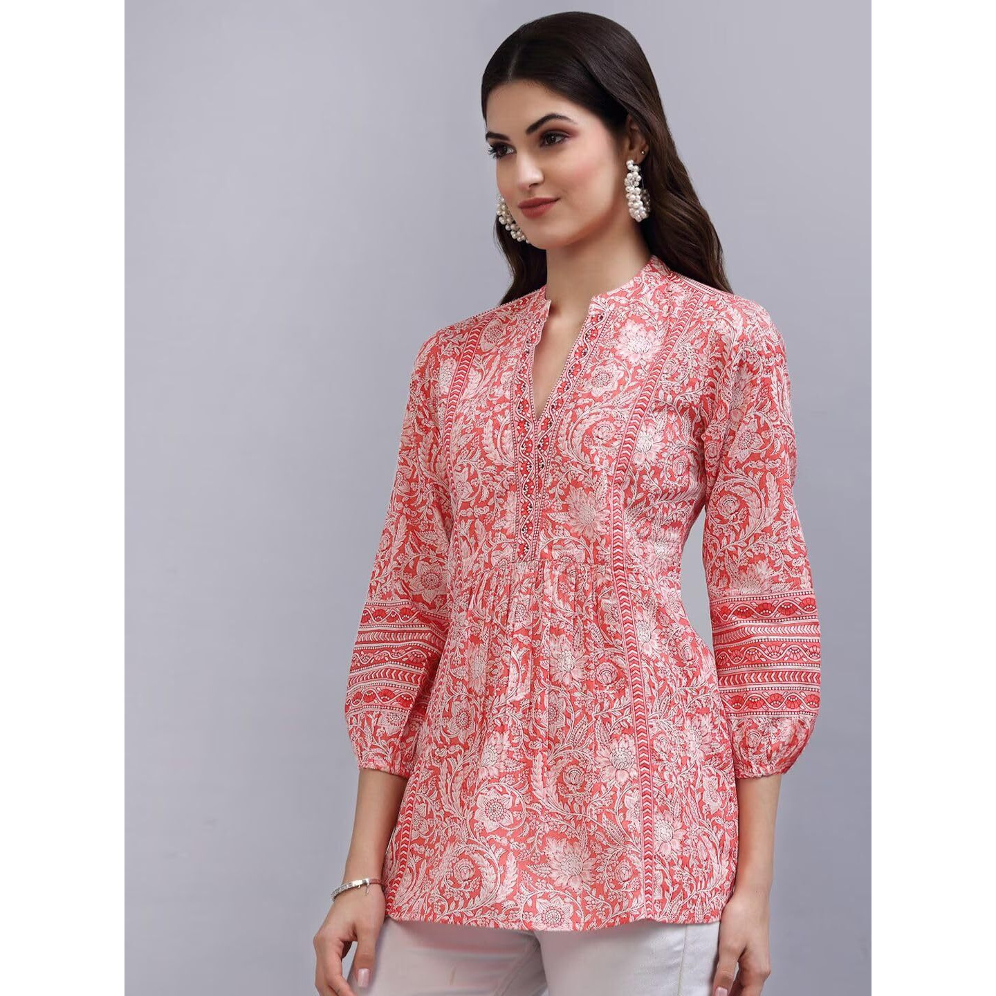 rytras Women's Floral Printed Cotton Top(Orange,L)