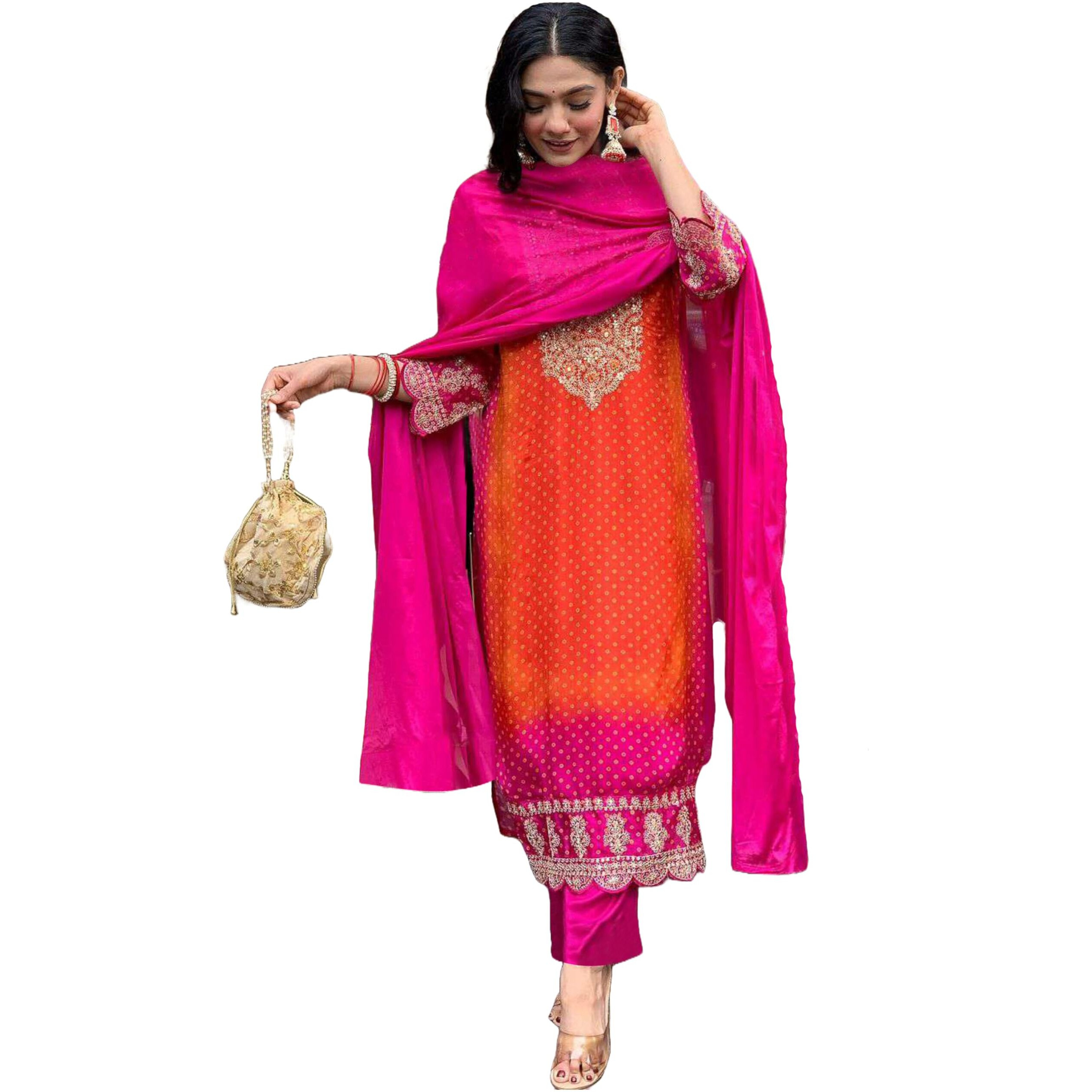GoSriKi Women's Rayon Blend Straight Embroidered Kurta with Pant & Dupatta (Lasivan Pink-GS_XXL_Pink_XX-Large)